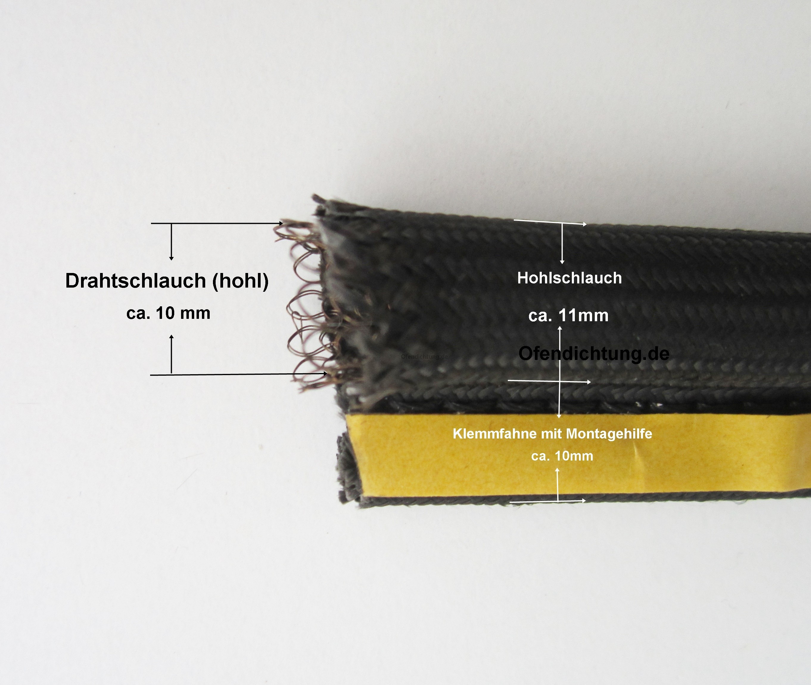 Fahnendichtung mit 10mm Drahtgeflecht 3mm Haltekordel in der Klemmfahne